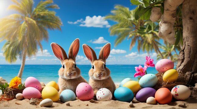 easter vacation picture of easter bunnies with easter eggs on a tropical sand beach under palm trees. easter holiday promotion picture with easter rabbits in their holidays. Generative AI.