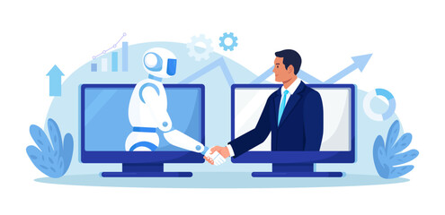 Ai robot and businessman shaking hands. Partnership between man and humanoid robot. Collaboration between human and artificial intelligence. Robotization in business