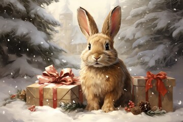  a painting of a rabbit sitting in the snow with presents in front of him and a castle in the background.