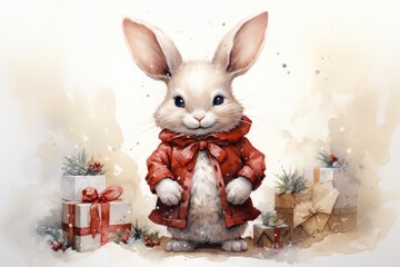  a watercolor painting of a white rabbit wearing a red coat with a red bow around its neck, surrounded by presents.