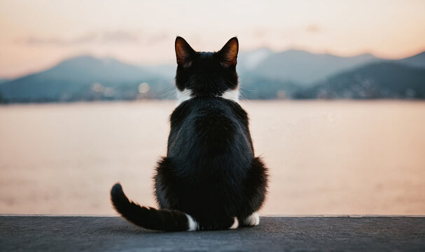 back view of lonely cat sitting at coast concrete flor looking at ocean and distant mountains, generative AI