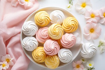  a bowl filled with colorfully decorated cupcakes on top of a white table next to pink and yellow flowers.