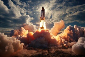  a rocket taking off into the sky with smoke billowing out of it's sides and clouds surrounding it.