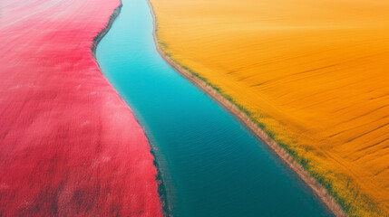 river with red and yellow fields on either side, landscape, background, aerial photography