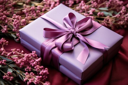  a purple gift box with a purple ribbon on a red cloth with pink flowers and greenery in the background.