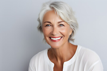 A closeup photo portrait of happy senior woman smiling, with clean teeth, for a dental ad. White background.