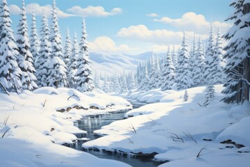  a painting of a snowy landscape with a stream in the foreground and pine trees on the far side of the picture.