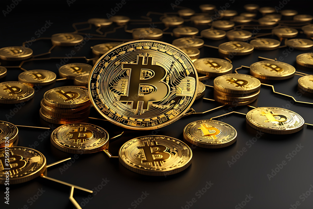 Poster gold bitcoin art 3d with a black background, bitcoin gold coins, crypto technology, cryptography and