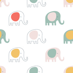 Childish vector seamless pattern with cute hand drawn elephants in simple cartoon doodle style.