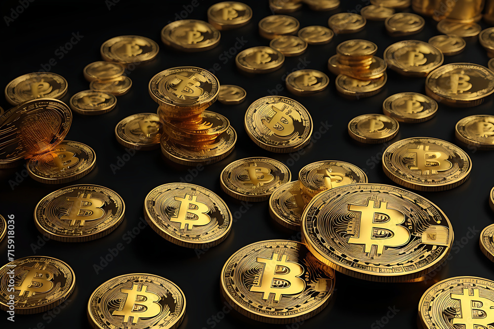 Poster gold bitcoin art 3d with a black background, bitcoin gold coins, crypto technology, cryptography and
