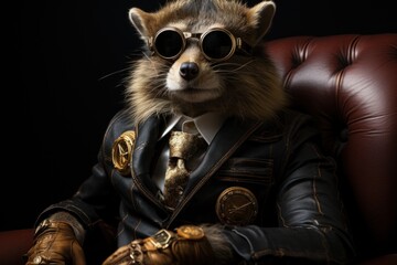  a raccoon wearing goggles and a suit sits in a leather chair with his hands in his pockets.