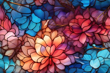  a close up of a bunch of flowers made out of stained glass with blue, pink, and orange colors.