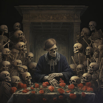 skeleton in the room, death, skulls