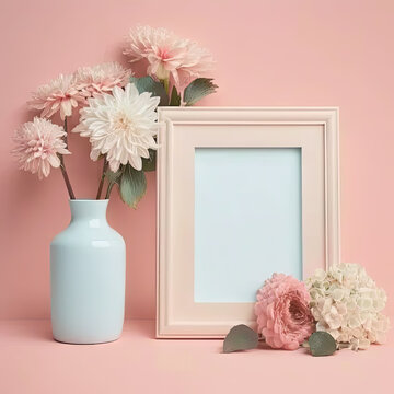 Tender composition with blank photoframe mock up standing on table near vase, beautiful spring flowers on pink wall background. Mother's Day, Valentine's Day, birthday card, invitation