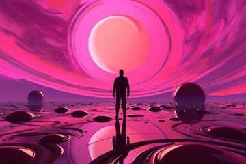  a man standing in the middle of a pink and purple landscape with a giant object in the middle of the picture.