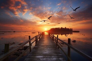 a dock with birds flying over a body of water and a sunset in the middle of the ocean with a small island in the distance.
