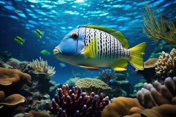 Fototapeta na wymiar a blue and yellow fish swims over a coral reef in the blue water of a coral reef in the ocean.