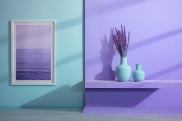 A wall with a painting and a shelf with lavender in a vase, soft transitions between lavender sky blue and mint green colors