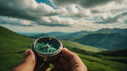Compass in man's hand in front of summer mountain landscape with green hills and cloudscape , travel adventure and discovery consept  - obrazy, fototapety, plakaty