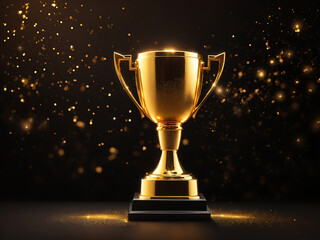 Gold trophy cup on a dark background, with abstract shiny sparks lights. Ai. Golden award design.