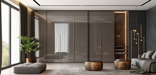 Modern grey wardrobe, metallic champagne details, glossy sliding doors