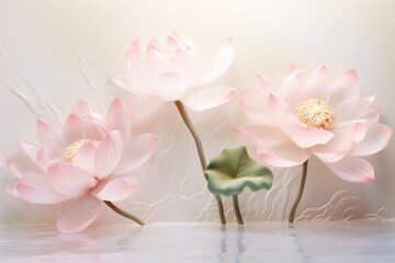  a group of three pink flowers sitting on top of a white counter top next to each other on top of a table.
