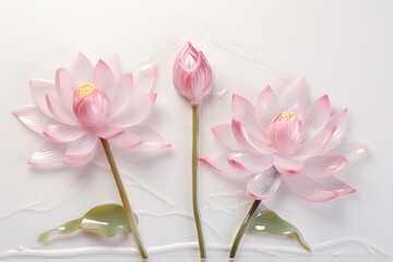  a couple of pink flowers sitting next to each other on top of a white table next to a white wall.