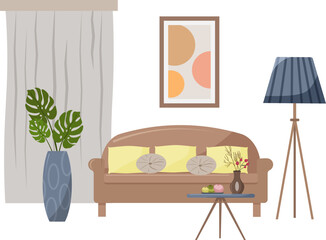 Living room interior. Modern design with sofa and window with curtain. A sofa table, a floor lamp and a vase with a monstera, a painting. For brochures, leaflets, flyers, furniture stores. Flat vector