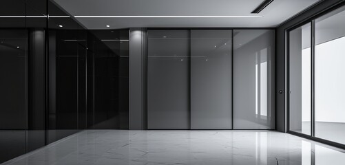 Ultra-modern grey wardrobe, reflective sliding doors, monochrome space