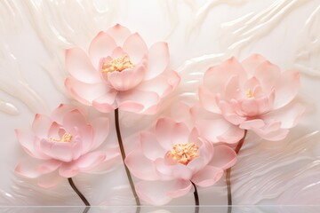  a group of pink flowers sitting on top of a white wall next to a white vase with flowers in it.