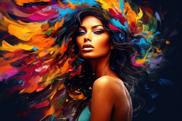  a painting of a woman's face with multicolored feathers on her head and her hair blowing in the wind.