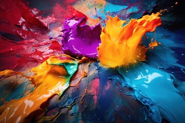  a group of colorful paint splashing on top of each other in a rainbow - hued, black, blue, red, yellow, green, orange, and pink.