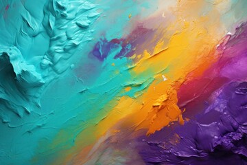 a close up of a multicolored painting with a white background and blue, yellow, purple, green, orange, and pink colors.