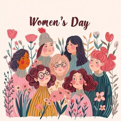 Women's Day Commemoration with Illustrated Diverse Female Group 