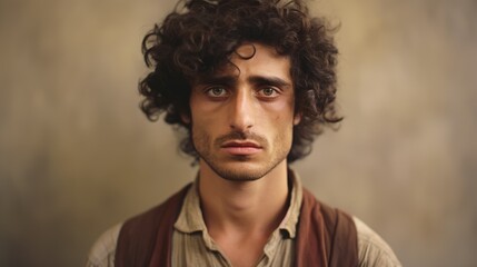 Obraz premium Photorealistic Adult Persian Man with Brown Curly Hair vintage Illustration. Portrait of a person in Great Depression era aesthetics. Historic movie style Ai Generated Horizontal Illustration.