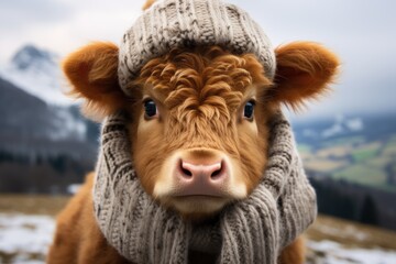  a close up of a cow wearing a sweater and a knitted hat with a mountain in the back ground. - obrazy, fototapety, plakaty