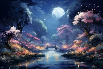 Tranquil moonlit gardens, blooming with exotic flowers and serenity under the moon's gentle gaze - Generative AI