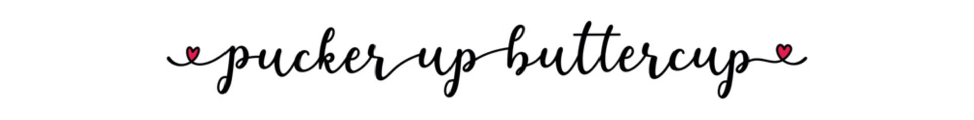 Pucker Up Buttercup quote as banner or logo, hand sketched. Funny Valentine's love phrase. Lettering for header, label, announcement, advertising, flyer, card, poster, gift.