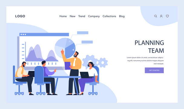 Collaborative planning team deep in discussion, analyzing data visuals while surrounded by digital graphs, gears, and a productive atmosphere. Elevating strategic insights. Flat vector