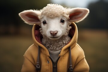  a close up of a sheep with a hoodie over it's face and a field in the background.