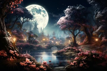 Obraz na płótnie Canvas Tranquil moonlit gardens, blooming with exotic flowers and serenity under the moon's gentle gaze - Generative AI