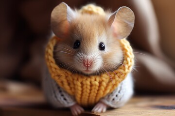  a close up of a mouse wearing a knitted scarf and a sweater around it's neck and looking at the camera.