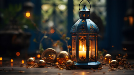 Ramadan Kareem religious background with ramadan lamp silhouette