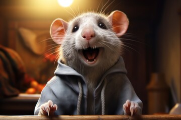  a close up of a rat on a table with its mouth open and it's mouth wide open and it's mouth wide open.