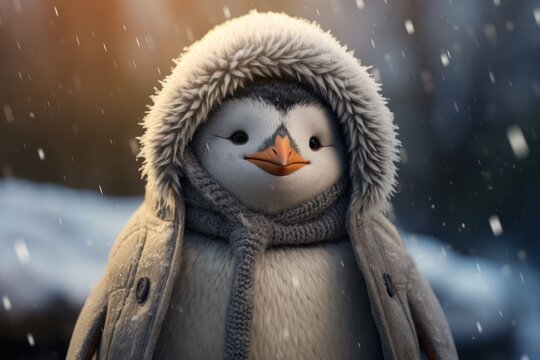  a picture of a penguin wearing a jacket and a scarf with a snowflake on it's head.