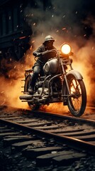 A motorbike with cream white flames, on a dark, old railway track with steam,