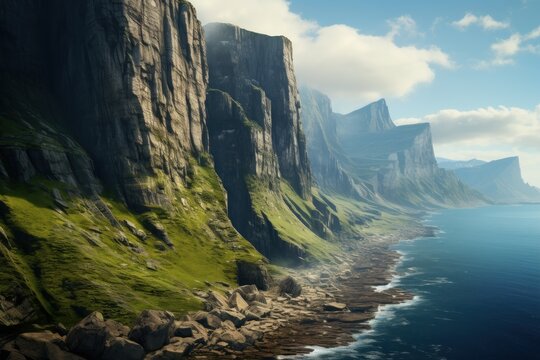  a painting of a cliff with a body of water in the foreground and a mountain range in the background.