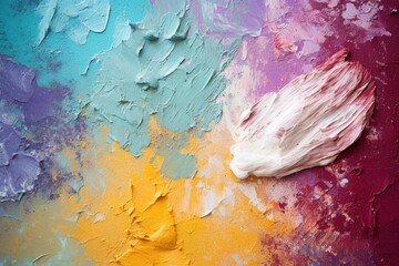  a close up of a paintbrush on a multicolored piece of paper with paint smudges on it.