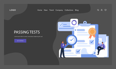 Passing Tests concept. Enthusiastic professionals highlight a completed checklist symbolizing successful employee onboarding and task accomplishment. Flat vector illustration.