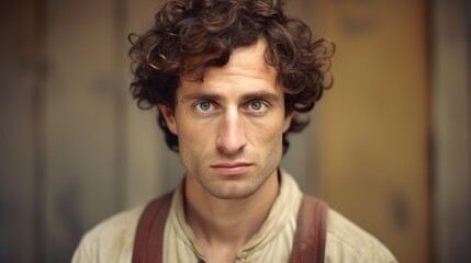 Fototapeta premium Photorealistic Adult White Man with Brown Curly Hair vintage Illustration. Portrait of a person in Great Depression era aesthetics. Historic movie style Ai Generated Horizontal Illustration.